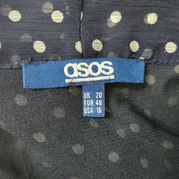 ASOS Fit N Flare Dress Size 16 Navy White Polka Dot Attached Tie Sleeveless Zip - Picture 4 of 8